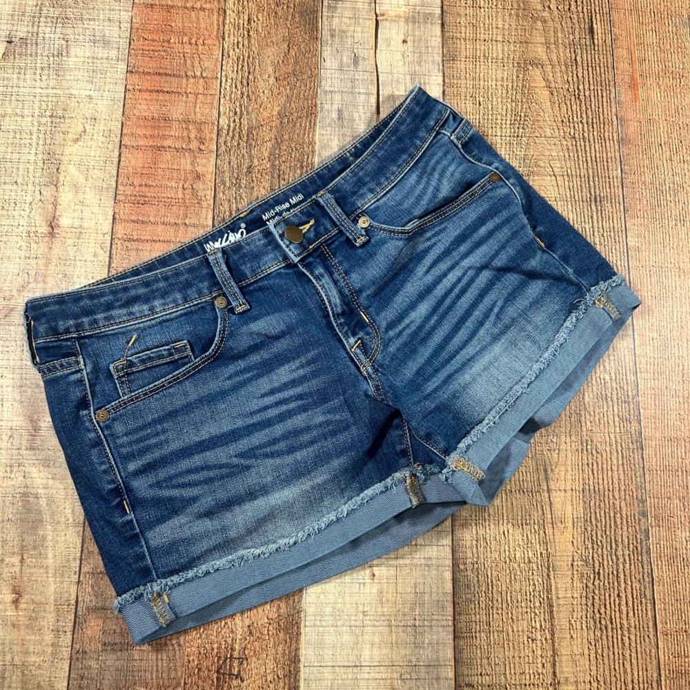 Mossimo 4 Blue Cotton Stretch Denim Mid-Rise Midi Shorts Raw Hem Boho Summer 27W